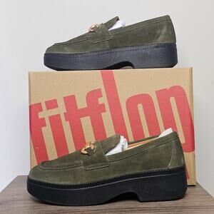 FitFlop Women's F- Luma Square  Chain Detail Suede Loafers Size 10 Olive NWT